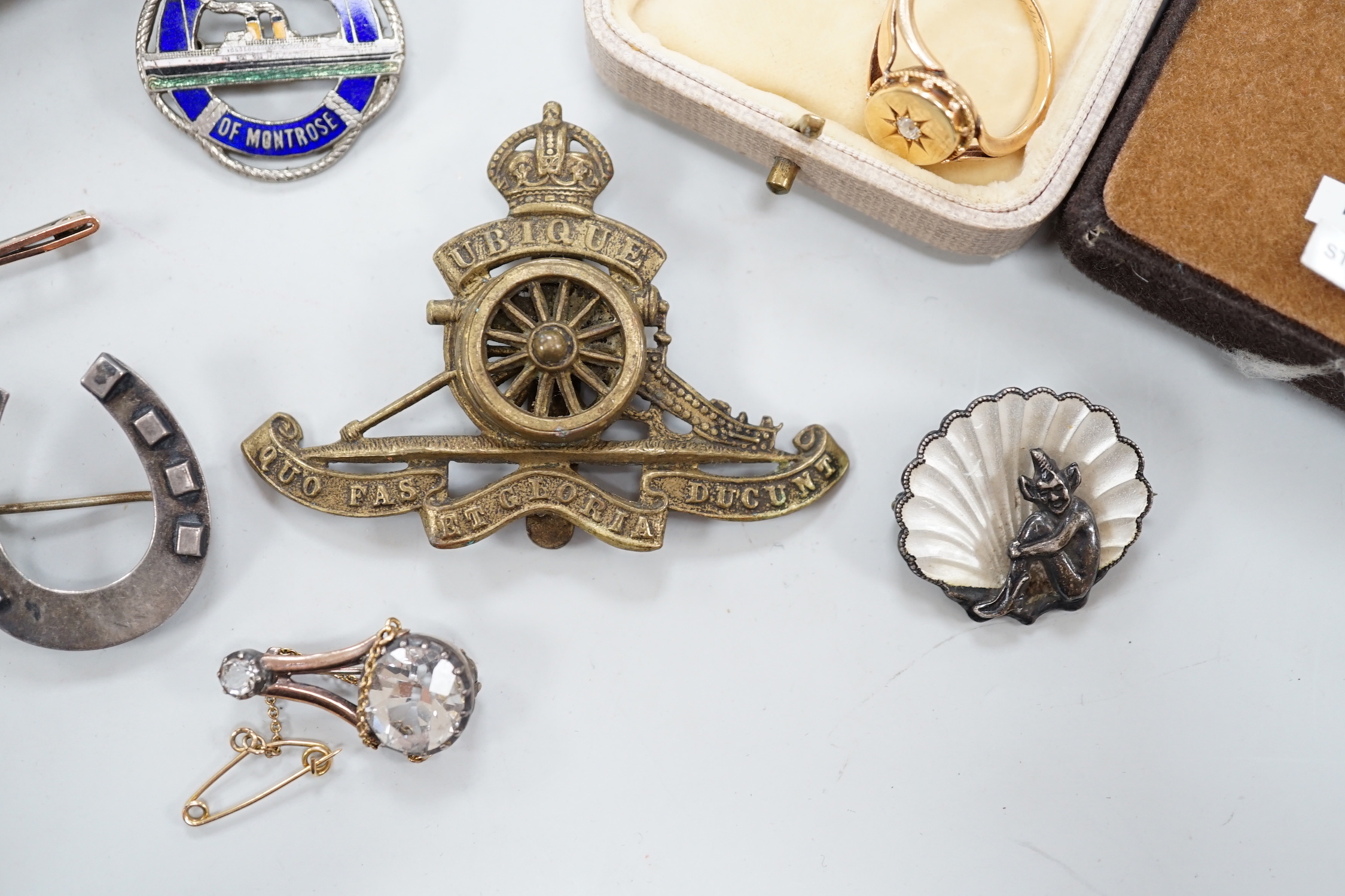 Mixed jewellery etc. including an early 20th century yellow metal and diamond chip set ring, size P, a late Victorian 18ct gold and cat's eye quartz set ring.